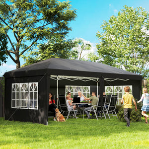 Tonnelle de jardin extérieure pop-up pliante - tente de réception - 3 x 6 m - pavillon chapiteau barnum - 3 cotés démontables - piquets d'ancrage au sol + sac de transport inclus noir