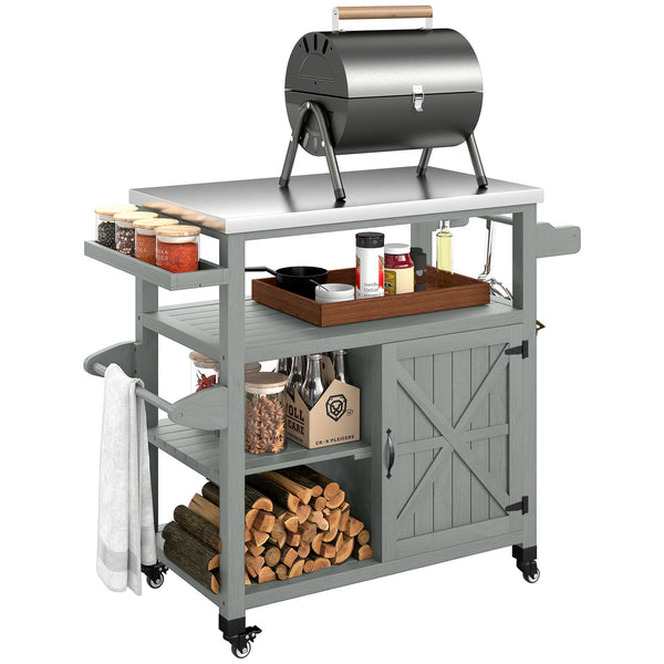 Desserte jardin chariot de barbecue sur roulettes îlot de cuisine en bois plateau en acier inoxydable placard étagères ouvertes porte-épices porte-serviettes décapsuleur 107x49,5x92,5cm gris