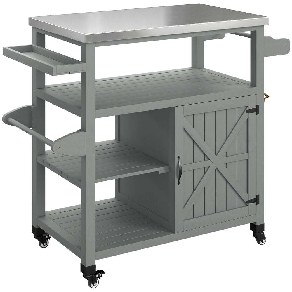 Desserte jardin chariot de barbecue sur roulettes îlot de cuisine en bois plateau en acier inoxydable placard étagères ouvertes porte-épices porte-serviettes décapsuleur 107x49,5x92,5cm gris