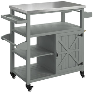 Desserte jardin chariot de barbecue sur roulettes îlot de cuisine en bois plateau en acier inoxydable placard étagères ouvertes porte-épices porte-serviettes décapsuleur 107x49,5x92,5cm gris