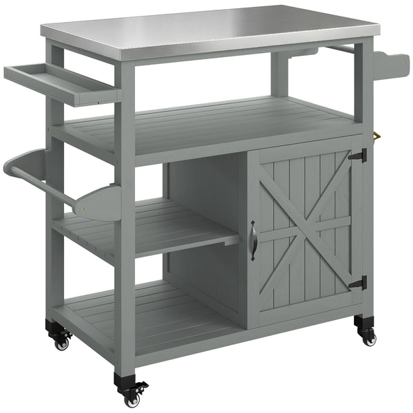 Desserte jardin chariot de barbecue sur roulettes îlot de cuisine en bois plateau en acier inoxydable placard étagères ouvertes porte-épices porte-serviettes décapsuleur 107x49,5x92,5cm gris
