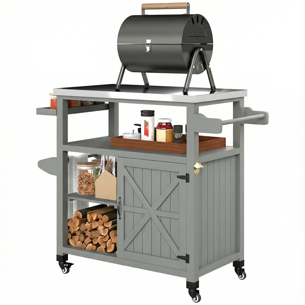 Desserte jardin chariot de barbecue sur roulettes îlot de cuisine en bois plateau en acier inoxydable placard étagères ouvertes porte-épices porte-serviettes décapsuleur 107x49,5x92,5cm gris