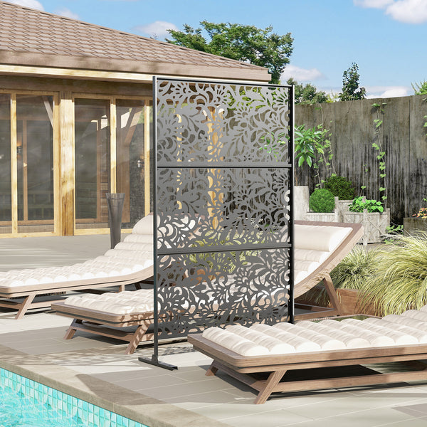Panneau Brise Vue décoratif Extérieur Claustra Décoratif Jardin 3 Panneaux à motif floral paravent extérieur avec support en Acier galvanisé 122 x 45 x 198 cm, Noir
