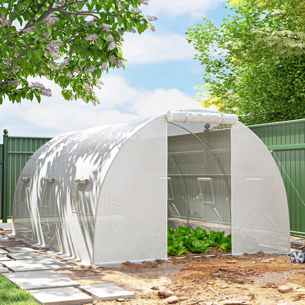 Serre de Jardin Tunnel 13,5 m² 4,5L x 3l x 2H m - 6 fenêtres, Porte zippée Enroulable - châssis Tubulaire Acier galvanisé, bâche PE Haute densité Blanc