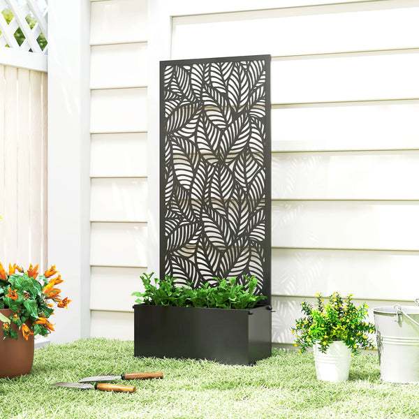 Jardinière avec treillis, bac à fleurs, lit surélevé avec brise-vue, à motif de feuilles, pour plantes grimpantes, légumes, fleurs, métal, intérieur et extérieur, 45x21,5x110cm, noir