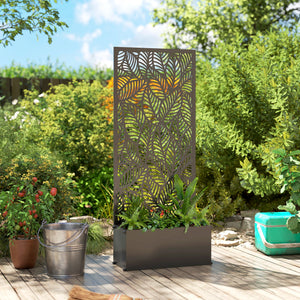 Jardinière avec treillis, bac à fleurs, lit surélevé avec brise-vue, à motif de feuilles, pour plantes grimpantes, légumes, fleurs, métal, intérieur et extérieur, 45x21,5x110cm, noir