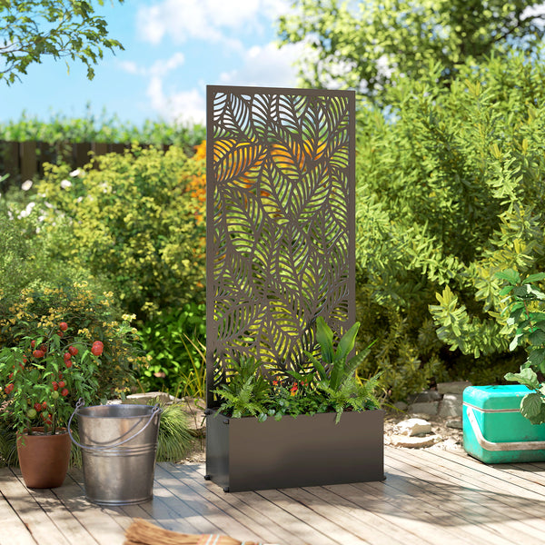 Jardinière avec treillis, bac à fleurs, lit surélevé avec brise-vue, à motif de feuilles, pour plantes grimpantes, légumes, fleurs, métal, intérieur et extérieur, 45x21,5x110cm, noir