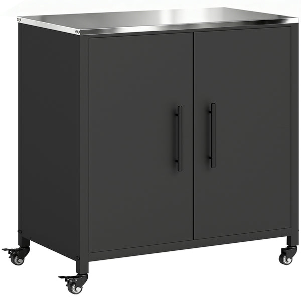 Armoire de jardin en Métal Extérieur, Armoire de Rangement de Jardin avec Toit en Acier Inoxydable et Roulettes, Portes Magnétique et Étagère Amovible, 80 x 50 x 90 cm, Noir