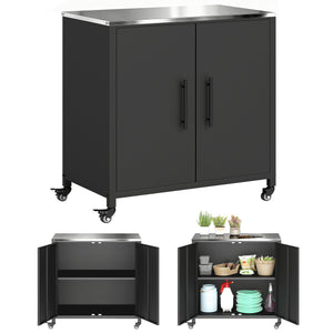 Armoire de jardin en Métal Extérieur, Armoire de Rangement de Jardin avec Toit en Acier Inoxydable et Roulettes, Portes Magnétique et Étagère Amovible, 80 x 50 x 90 cm, Noir