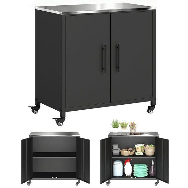 Armoire de jardin en Métal Extérieur, Armoire de Rangement de Jardin avec Toit en Acier Inoxydable et Roulettes, Portes Magnétique et Étagère Amovible, 80 x 50 x 90 cm, Noir