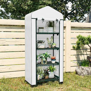 Serre de jardin avec étagères 4 niveaux, serre de balcon, bâche renforcée, châssis en acier, porte zippée, pour légumes plantes fleurs, intérieur et extérieur, 69 x 50 x 165 cm, blanc