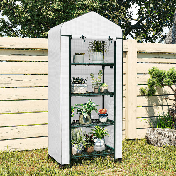 Serre de jardin avec étagères 4 niveaux, serre de balcon, bâche renforcée, châssis en acier, porte zippée, pour légumes plantes fleurs, intérieur et extérieur, 69 x 50 x 165 cm, blanc