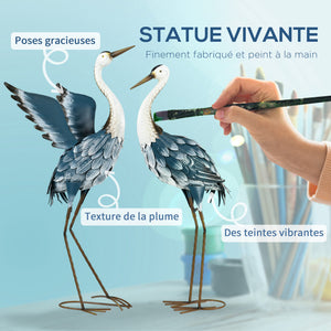 Lot de 2 statues jardin exterieur sculpture de héron en acier, decoration exterieur jardin résistant aux intempéries pour étang, patio, terrasse, pelouse, 74/70cm multicolore