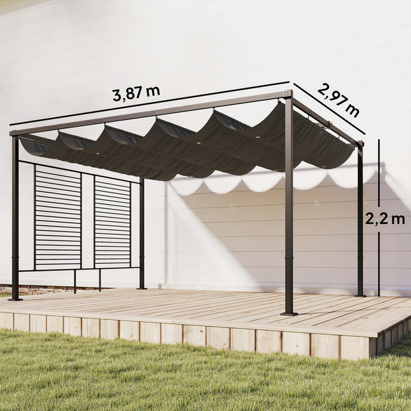 Pergola Jardin Extérieur 3x4m avec Tonnelle à Vigne, Protection UV50+ et Toit Rétractable - Abri de Terrasse en Acier et Panneaux d'Intimité pour Plantes Grimpantes et Terrasse, Gris Foncé