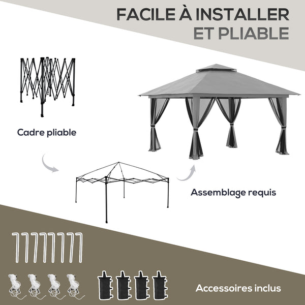 Tonnelle de jardin extérieur barnum de jardin pop-up tente pliant 4 x 4 m double toit protection UV 50+ 4 moustiquaires, 4 sacs de sable, 1 sac de transport tissu Oxford métal gris