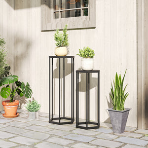 Lot de 2 supports pour plantes, tabouret à fleurs hexagonal, porte-plante haut en métal, support pot de fleur intérieur et extérieur, pour jardin, balcon, maison, noir