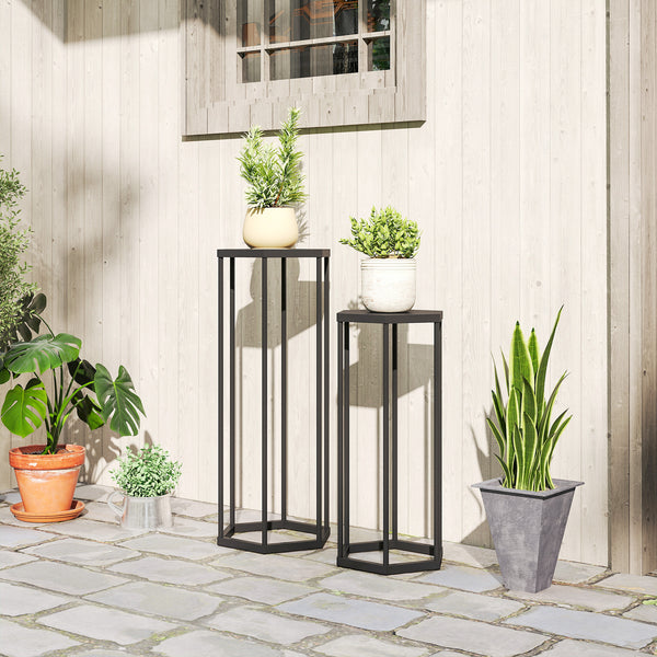 Lot de 2 supports pour plantes, tabouret à fleurs hexagonal, porte-plante haut en métal, support pot de fleur intérieur et extérieur, pour jardin, balcon, maison, noir
