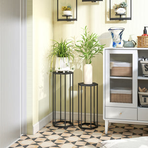 Lot de 2 supports pour plantes, tabouret à fleurs hexagonal, porte-plante haut en métal, support pot de fleur intérieur et extérieur, pour jardin, balcon, maison, noir