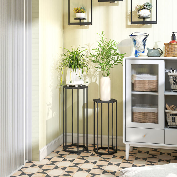 Lot de 2 supports pour plantes, tabouret à fleurs hexagonal, porte-plante haut en métal, support pot de fleur intérieur et extérieur, pour jardin, balcon, maison, noir