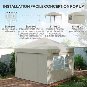 Tonnelle de jardin pop-up pliante tonnelle barnum tente de réception 3 x 3 m anti-UV 30 + avec fenêtres parois latérales sac de transport crème