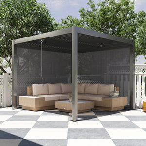 Pergola jardin extérieur en aluminium 3 x 3 m pergola bioclimatique à toit réglable avec rideaux, système de drainage caché, tonnelle de jardin anti-UV 90+ pour terrasse patio cour, gris