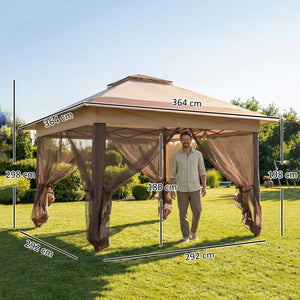 Tonnelle de jardin extérieur tonnelle pliante 3,6x3,6m avec double toit acier polyester moustiquaires + sac de transport à roulettes kaki marron