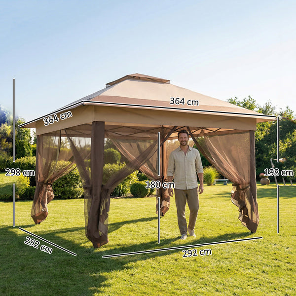 Tonnelle de jardin extérieur tonnelle pliante 3,6x3,6m avec double toit acier polyester moustiquaires + sac de transport à roulettes kaki marron