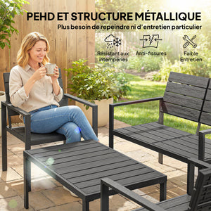 Salon de jardin extérieur 4 pièces avec canapé 2 places, 2 chaises et table basse, mobilier de jardin terrasse veranda, noir
