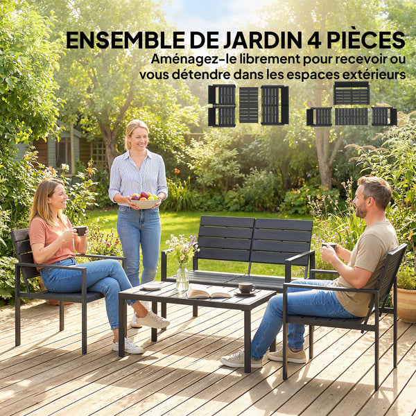 Salon de jardin extérieur 4 pièces avec canapé 2 places, 2 chaises et table basse, mobilier de jardin terrasse veranda, noir
