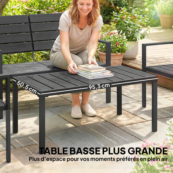 Salon de jardin extérieur 4 pièces avec canapé 2 places, 2 chaises et table basse, mobilier de jardin terrasse veranda, noir