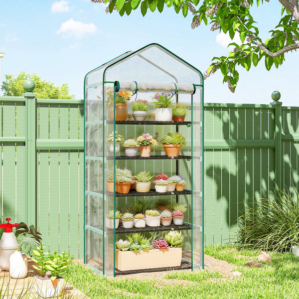 Serre de jardin avec étagères 5 niveaux, serre de balcon, bâche renforcée, châssis en acier, porte zippée enroulable, pour légumes plantes fleurs, 90x49x193cm, transparent