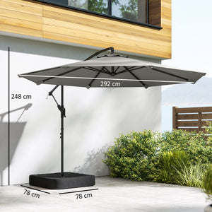 Parasol Déporté de Jardin 3 m avec Base Croisée et Sac de Sable de 80 kg à Remplir, Parasol Banane Rotatif 360° avec Manivelle, Gris