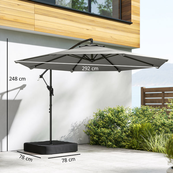 Parasol Déporté de Jardin 3 m avec Base Croisée et Sac de Sable de 80 kg à Remplir, Parasol Banane Rotatif 360° avec Manivelle, Gris