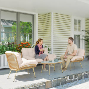 Salon de Jardin 4 Pièces en Résine Tressée - Coussin 12 cm Ultra Épais Mobilier de Jardin Chic - Ensemble Terrasse avec Canapé 138 cm, 2 Fauteuils et Table Basse en Verre Trempé, Beige
