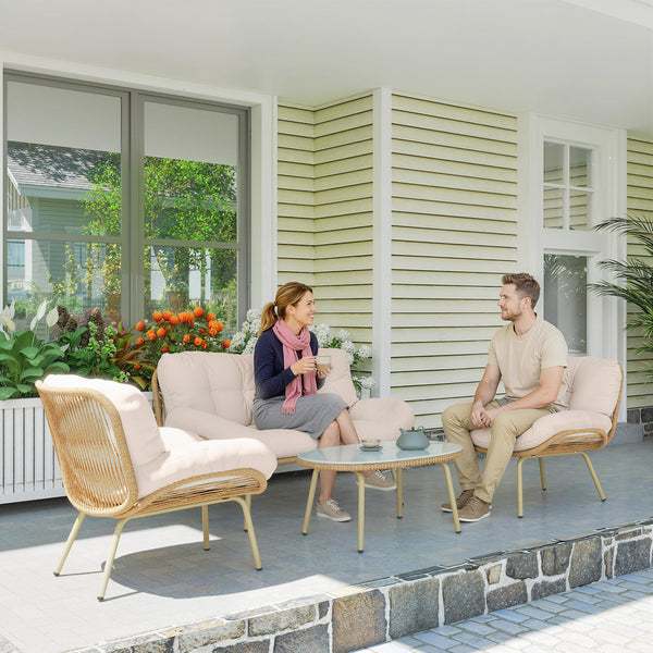 Salon de Jardin 4 Pièces en Résine Tressée - Coussin 12 cm Ultra Épais Mobilier de Jardin Chic - Ensemble Terrasse avec Canapé 138 cm, 2 Fauteuils et Table Basse en Verre Trempé, Beige