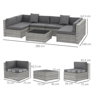 Ensemble salon de jardin 7 pièces modulables table basse plateau verre trempé coussins déhoussables inclus résine tressée imitation rotin gris