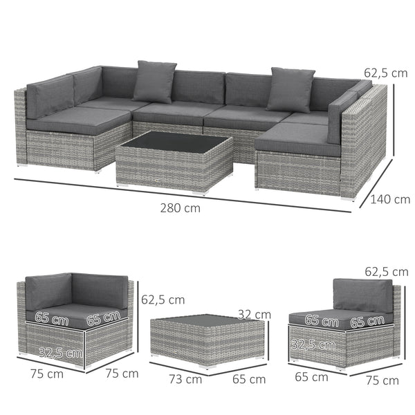 Ensemble salon de jardin 7 pièces modulables table basse plateau verre trempé coussins déhoussables inclus résine tressée imitation rotin gris