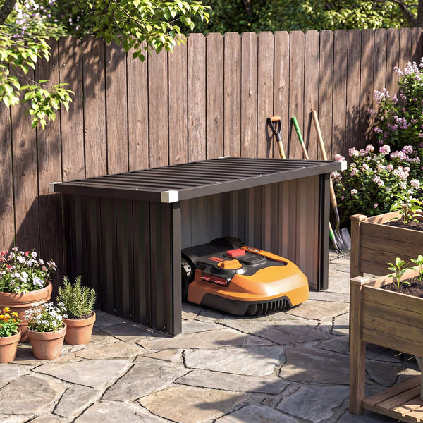 Abri Robot Tondeuse 108 x 86 x 62,5 cm, Garage pour Robot Tondeuse avec Toit Incliné en Acier Galvanisé, pour Tondeuse Robot, Montage Facile, Gris Foncé