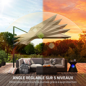 Parasol déporté carré 3 x 3 m, parasol de jardin extérieur, rotation 360°, inclinable 5 positions, 7 baleines, base en croix et manivelle, protection solaire UPF30+, mât en aluminium, kaki