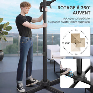 Parasol déporté carré 3 x 3 m, parasol de jardin extérieur, rotation 360°, inclinable 5 positions, 7 baleines, base en croix et manivelle, protection solaire UPF30+, mât en aluminium, kaki
