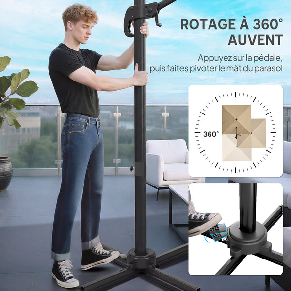 Parasol déporté carré 3 x 3 m, parasol de jardin extérieur, rotation 360°, inclinable 5 positions, 7 baleines, base en croix et manivelle, protection solaire UPF30+, mât en aluminium, kaki