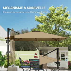 Parasol déporté carré 3 x 3 m, parasol de jardin extérieur, rotation 360°, inclinable 5 positions, 7 baleines, base en croix et manivelle, protection solaire UPF30+, mât en aluminium, kaki