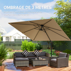 Parasol déporté carré 3 x 3 m, parasol de jardin extérieur, rotation 360°, inclinable 5 positions, 7 baleines, base en croix et manivelle, protection solaire UPF30+, mât en aluminium, kaki