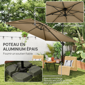 Parasol déporté carré 3 x 3 m, parasol de jardin extérieur, rotation 360°, inclinable 5 positions, 7 baleines, base en croix et manivelle, protection solaire UPF30+, mât en aluminium, kaki