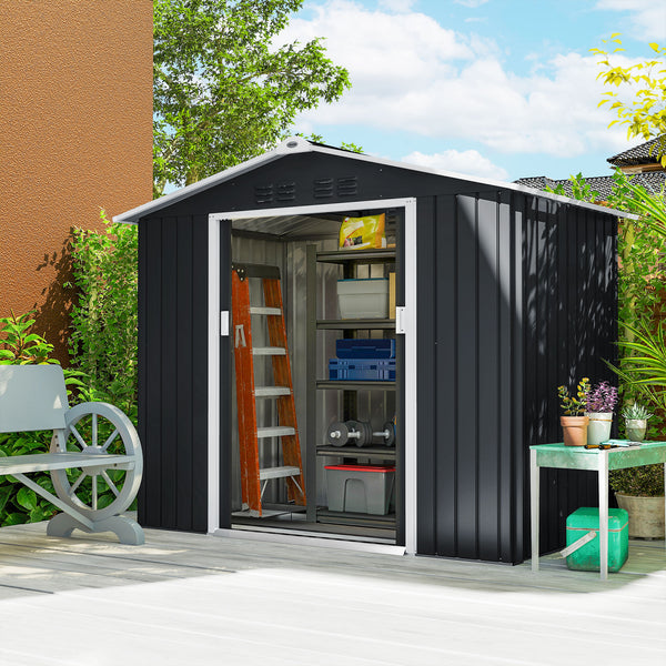 Abri de jardin en métal 2,77 m² cabane de jardin 213 x 130 x 185 cm cabanon rangement outils avec fondation, porte coulissante verrouillables, 4 aérations et lucarne - gris foncé