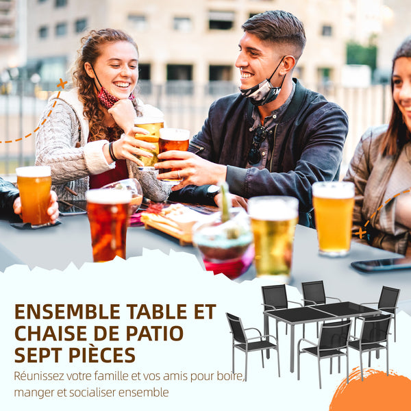 Ensemble de jardin, salon de jardin, 7 pièces, 6 chaises et 1 table en acier, chaises empilables, plateau en verre trempé, noir