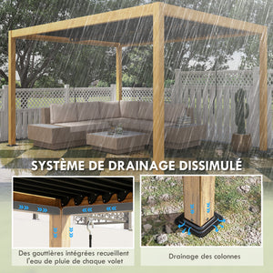 Pergola bioclimatique en aluminium 3 x 4 m pergola jardin extérieur avec lames orientables manivelle, style contemporain - noir et naturel effet grain de bois