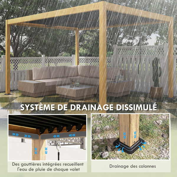 Pergola bioclimatique en aluminium 3 x 4 m pergola jardin extérieur avec lames orientables manivelle, style contemporain - noir et naturel effet grain de bois