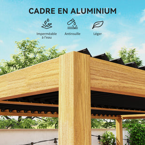 Pergola bioclimatique en aluminium 3 x 4 m pergola jardin extérieur avec lames orientables manivelle, style contemporain - noir et naturel effet grain de bois