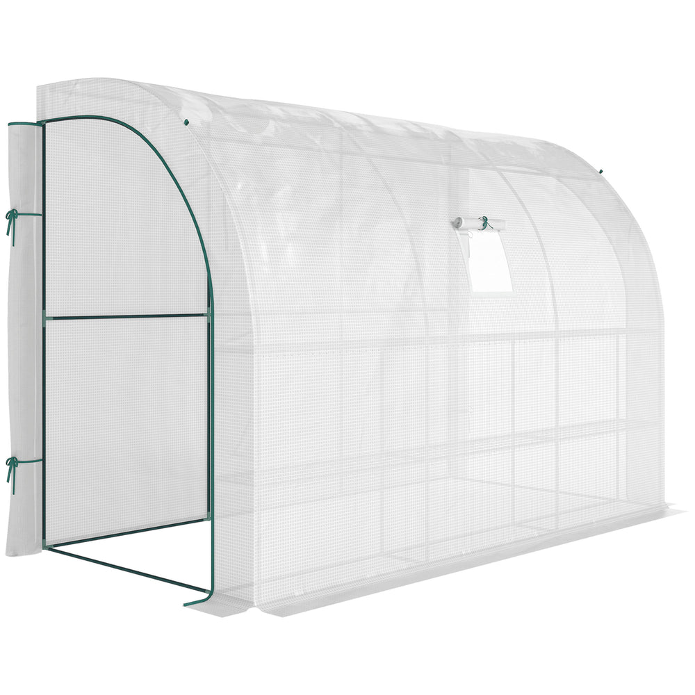 Serre de Jardin Adossée avec Étagères 3 Niveaux, Petite Serre de Balcon en Bâche PE 140 g/㎡ Renforcée et Châssis Acier, pour Légumes et Fleurs, Intérieur et Extérieur, 300x150x213cm, Blanc
